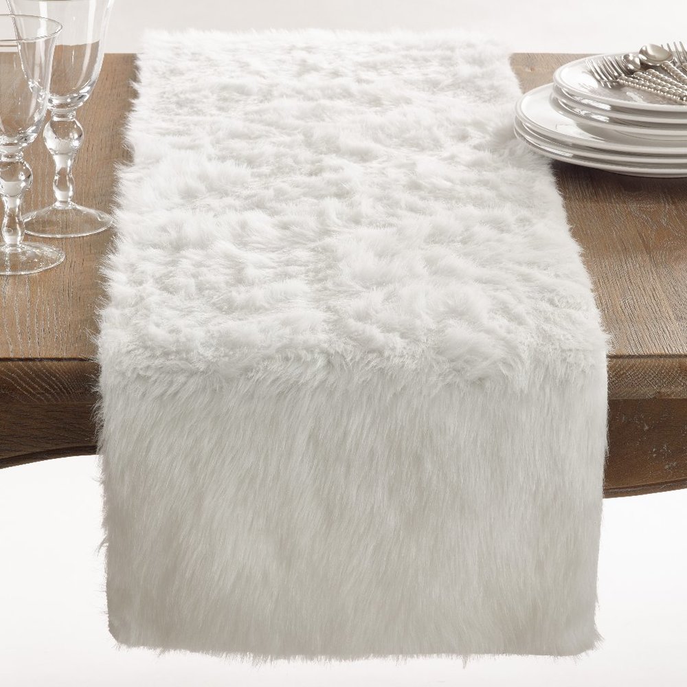 Occasion Gallery White 100% Polyester Rustic Country Faux Fur Table Runner 15x54